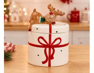 Grand pot céramique blanc cadeau ruban rouge renne couché couvercle H20cm Noël