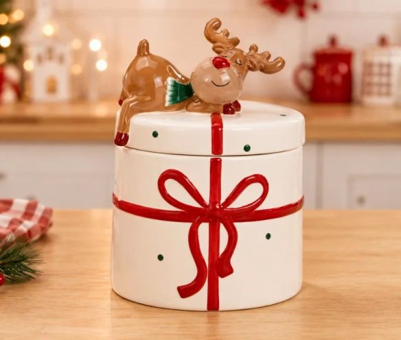 Grand pot céramique blanc cadeau ruban rouge renne couché couvercle H20cm Noël