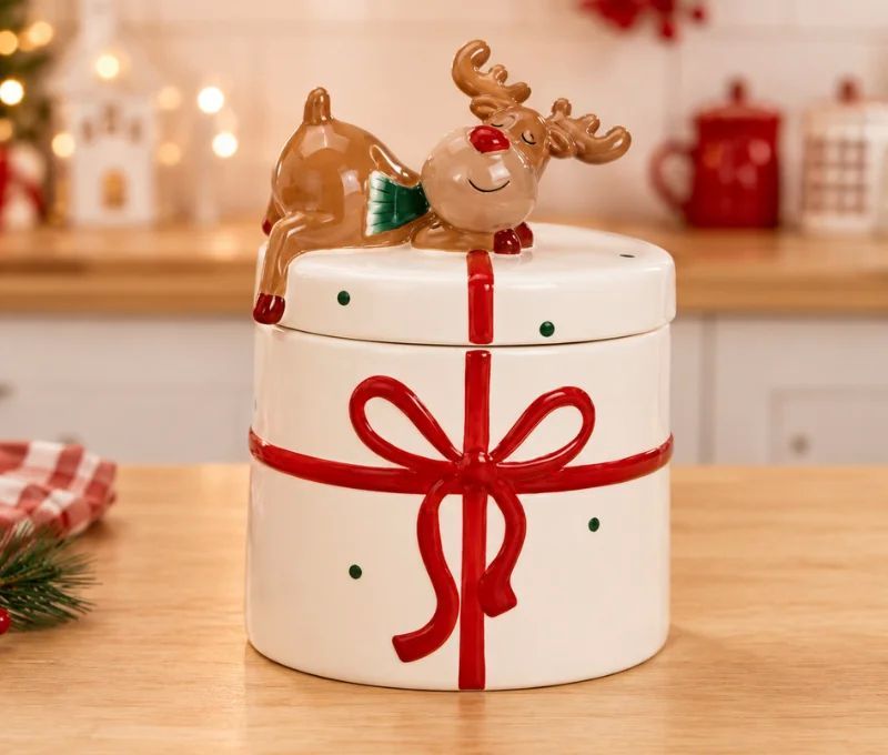 Grand pot céramique blanc cadeau ruban rouge renne couché couvercle H20cm Noël