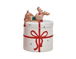Grand pot céramique blanc cadeau ruban rouge renne couché couvercle H20cm Noël