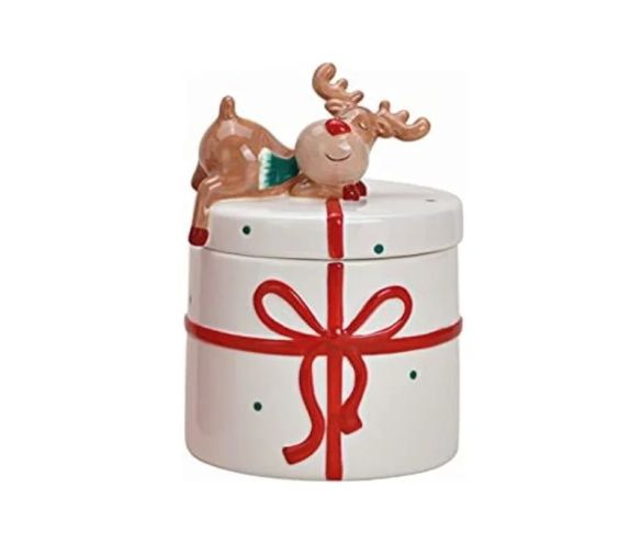 Grand pot céramique blanc cadeau ruban rouge renne couché couvercle H20cm Noël