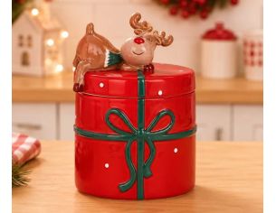Grand pot céramique rouge cadeau ruban vert renne couché couvercle H20cm Noël