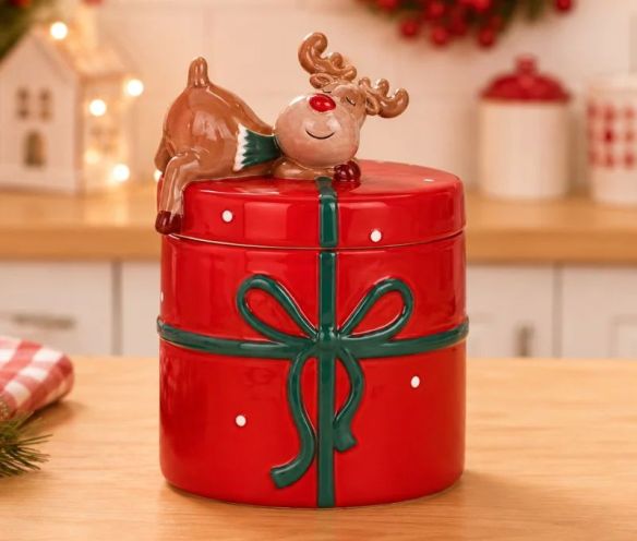 Grand pot céramique rouge cadeau ruban vert renne couché couvercle H20cm Noël