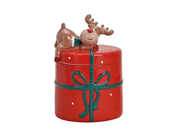Grand pot céramique rouge cadeau ruban vert renne couché couvercle H20cm Noël