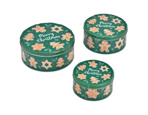 Set 3 boîtes rondes métal vert pain d'épices Merry Christmas bonhomme étoile sapin H8cm H7cm H6cm