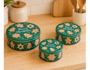 Set 3 boîtes rondes métal vert pain d'épices Merry Christmas bonhomme étoile sapin H8cm H7cm H6cm