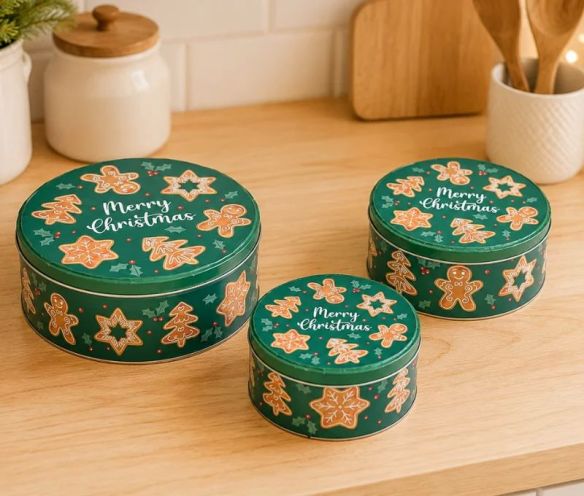 Set 3 boîtes rondes métal vert pain d'épices Merry Christmas bonhomme étoile sapin H8cm H7cm H6cm