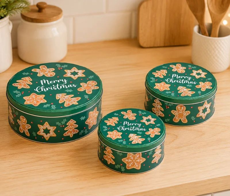 Set 3 boîtes rondes métal vert pain d'épices Merry Christmas bonhomme étoile sapin H8cm H7cm H6cm