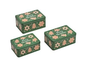 Set 3 boîtes carrées métal vert pain d'épices Merry Christmas bonhomme étoile sapin houx