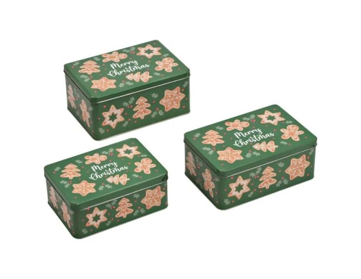 Set 3 boîtes carrées métal vert pain d'épices Merry Christmas bonhomme étoile sapin houx
