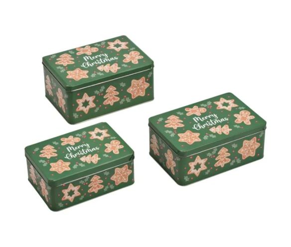 Set 3 boîtes carrées métal vert pain d'épices Merry Christmas bonhomme étoile sapin houx