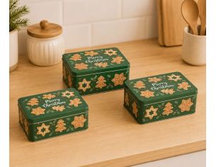 Set 3 boîtes carrées métal vert pain d'épices Merry Christmas bonhomme étoile sapin houx