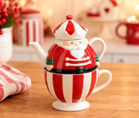 Set à thé céramique casse-noisette rouge blanc rayures 350ml théière tasse empilable H12cm