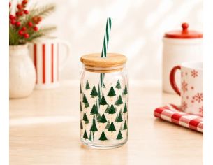 Verre boisson sapins de Noël verts étoiles dorées couvercle bambou paille verte 500ml H14cm