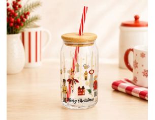 Verre boisson Merry Christmas casse-noisette ballerine doré couvercle bambou paille rouge 500ml H14cm