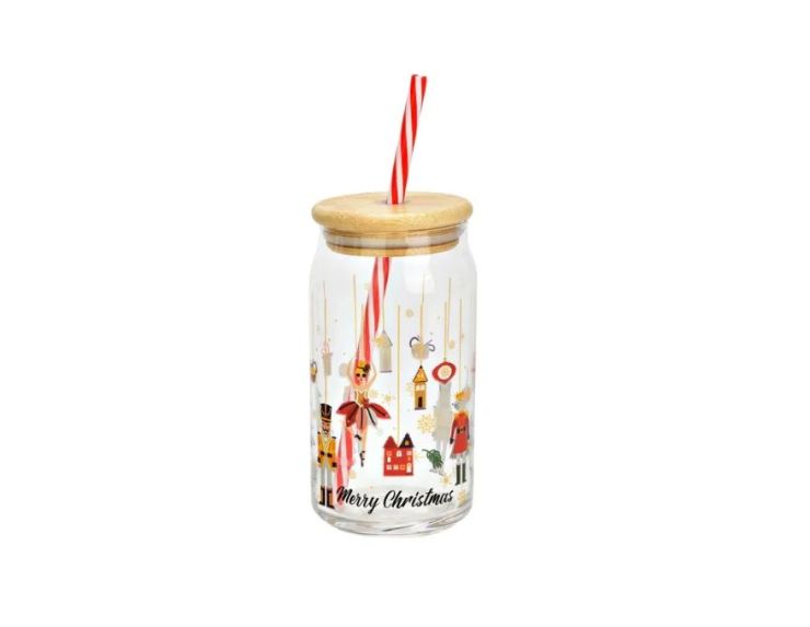 Verre boisson Merry Christmas casse-noisette ballerine doré couvercle bambou paille rouge 500ml H14cm