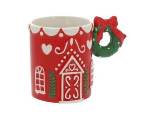 Mug céramique rouge maison pain d'épices anse couronne verte nœud rouge motifs blancs 450ml