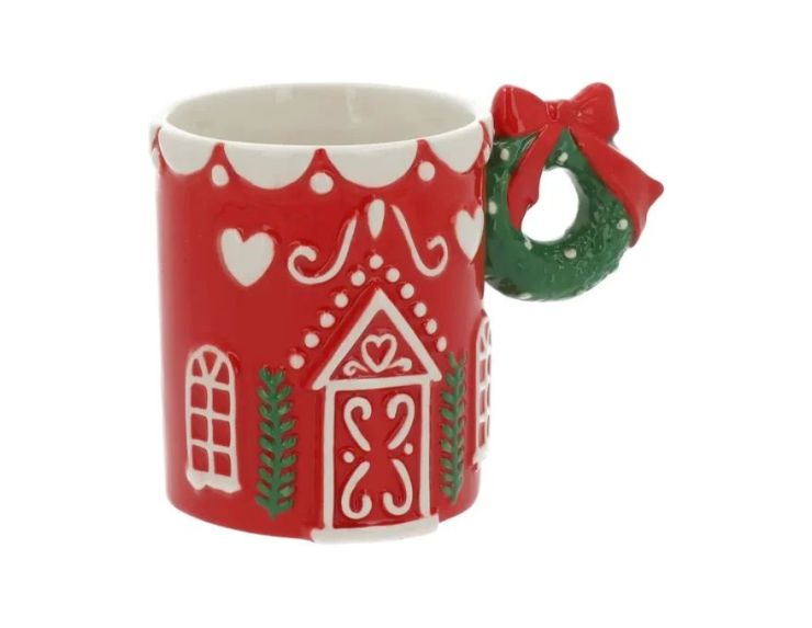 Mug céramique rouge maison pain d'épices anse couronne verte nœud rouge motifs blancs 450ml