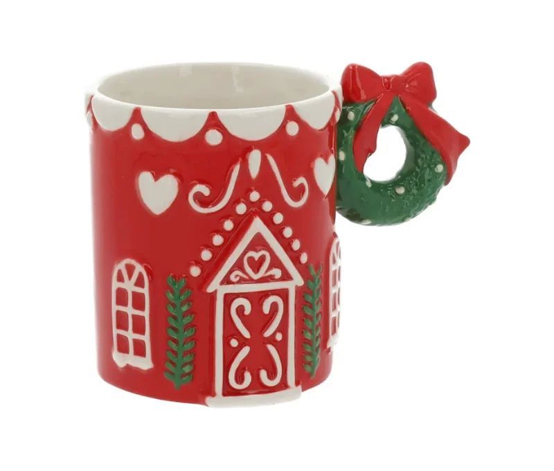 Mug céramique rouge maison pain d'épices anse couronne verte nœud rouge motifs blancs 450ml