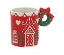 Voir la slide Mug céramique rouge maison pain d'épices anse couronne verte nœud rouge motifs blancs 450ml