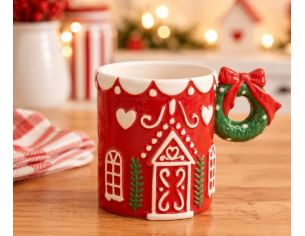 Mug céramique rouge maison pain d'épices anse couronne verte nœud rouge motifs blancs 450ml