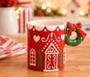 Voir la slide Mug céramique rouge maison pain d'épices anse couronne verte nœud rouge motifs blancs 450ml