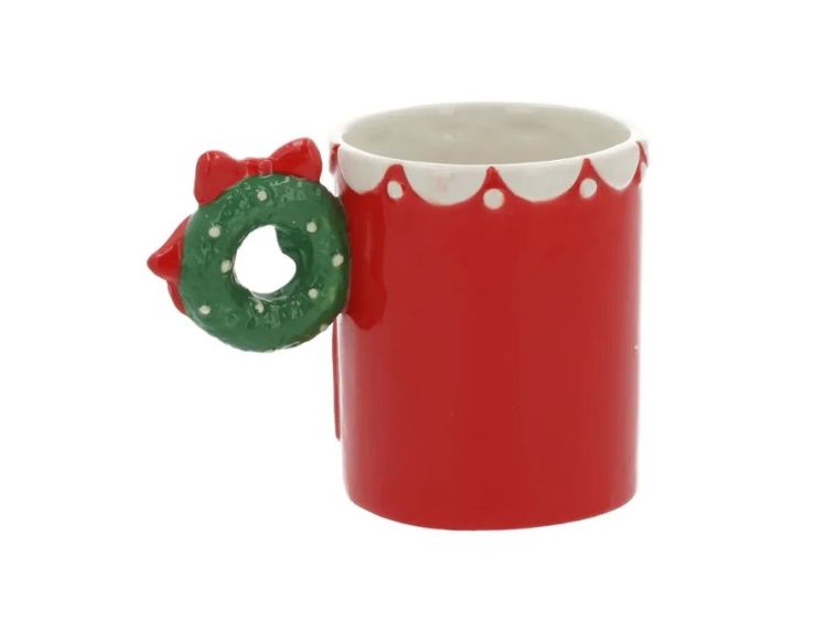 Mug céramique rouge maison pain d'épices anse couronne verte nœud rouge motifs blancs 450ml