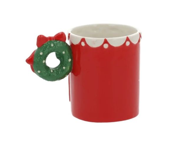 Mug céramique rouge maison pain d'épices anse couronne verte nœud rouge motifs blancs 450ml