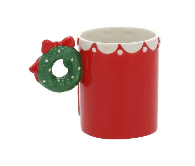 Mug céramique rouge maison pain d'épices anse couronne verte nœud rouge motifs blancs 450ml