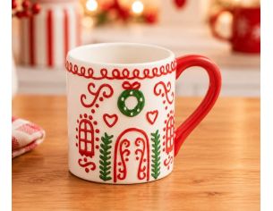 Mug céramique blanc rouge maison de Noël couronne porte sapins cœurs motifs rouges verts 450ml