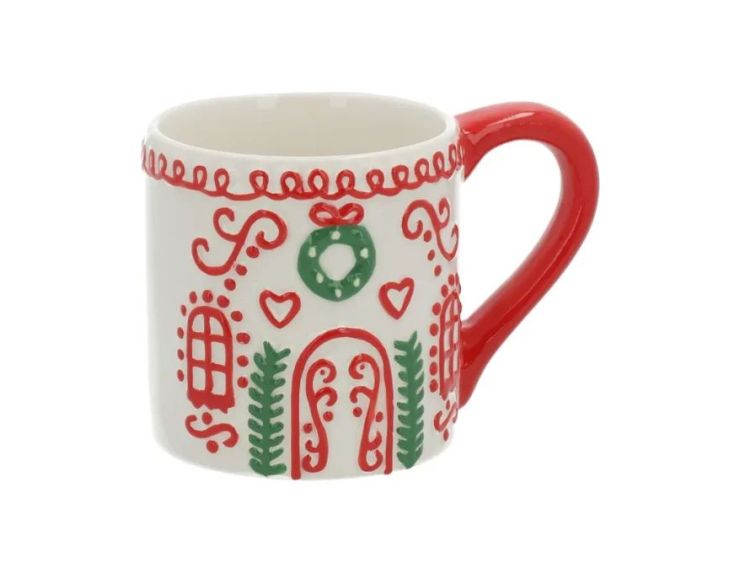 Mug céramique blanc rouge maison de Noël couronne porte sapins cœurs motifs rouges verts 450ml
