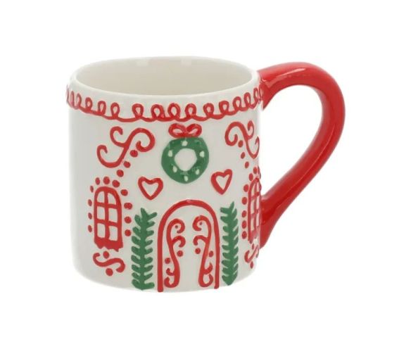 Mug céramique blanc rouge maison de Noël couronne porte sapins cœurs motifs rouges verts 450ml