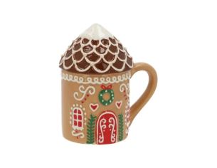 Mug céramique caramel maison pain d'épices couvercle toit enneigé porte rouge couronne sapins H15cm 400ml