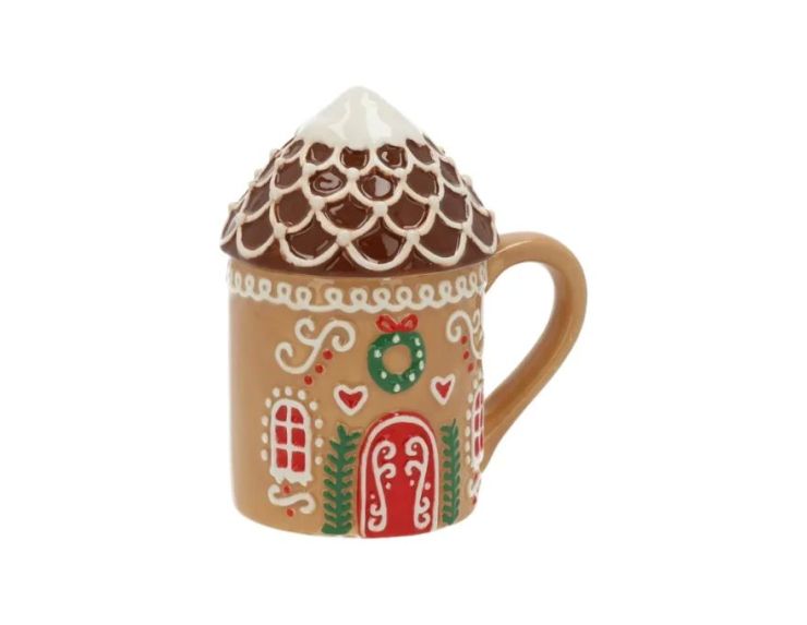 Mug céramique caramel maison pain d'épices couvercle toit enneigé porte rouge couronne sapins H15cm 400ml