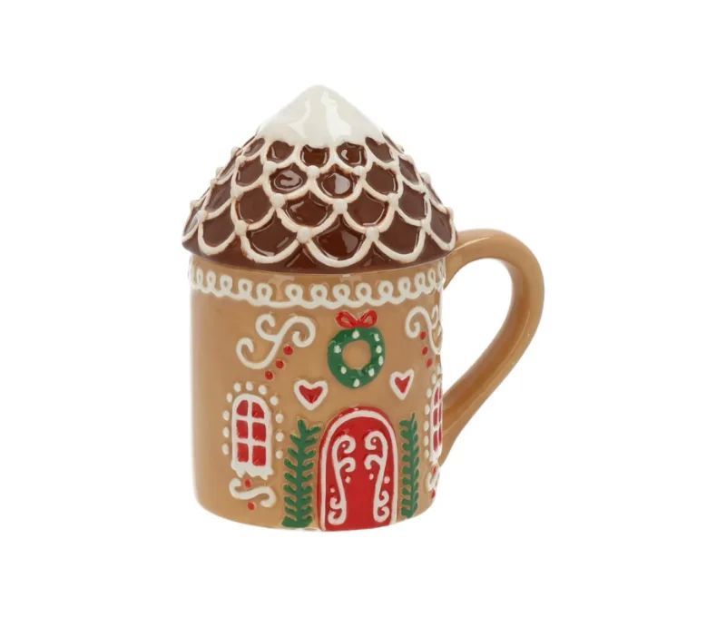 Mug céramique caramel maison pain d'épices couvercle toit enneigé porte rouge couronne sapins H15cm 400ml