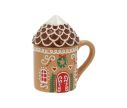 Voir la slide Mug céramique caramel maison pain d'épices couvercle toit enneigé porte rouge couronne sapins H15cm 400ml