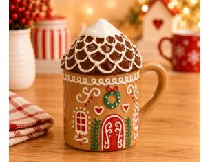 Mug céramique caramel maison pain d'épices couvercle toit enneigé porte rouge couronne sapins H15cm 400ml