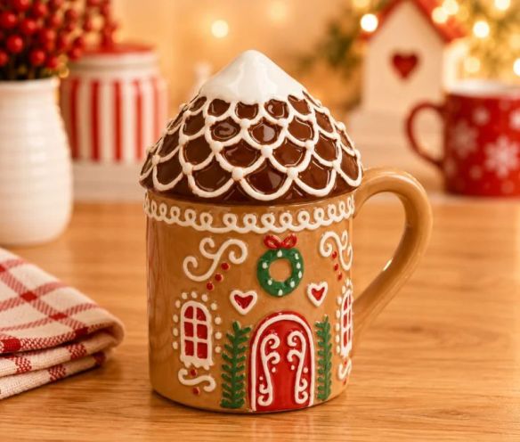 Mug céramique caramel maison pain d'épices couvercle toit enneigé porte rouge couronne sapins H15cm 400ml