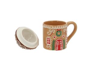 Mug céramique caramel maison pain d'épices couvercle toit enneigé porte rouge couronne sapins H15cm 400ml