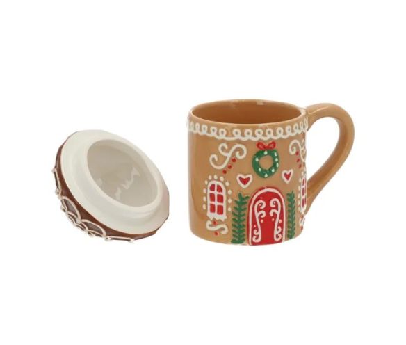 Mug céramique caramel maison pain d'épices couvercle toit enneigé porte rouge couronne sapins H15cm 400ml
