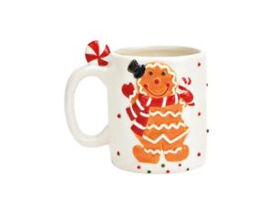 Mug céramique blanc bonhomme pain d'épices Gustave sucre d'orge pull rayé rouge anse sucre d'orge 350ml
