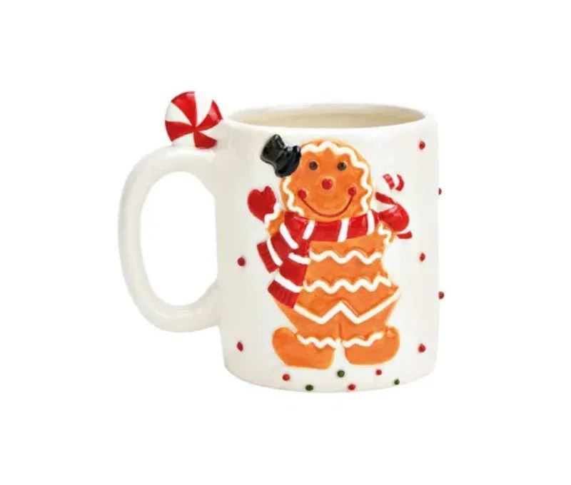 Mug céramique blanc bonhomme pain d'épices Gustave sucre d'orge pull rayé rouge anse sucre d'orge 350ml