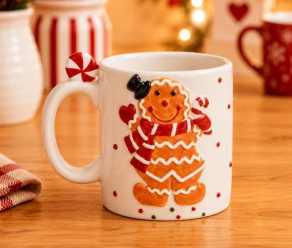 Mug céramique blanc bonhomme pain d'épices Gustave sucre d'orge pull rayé rouge anse sucre d'orge 350ml