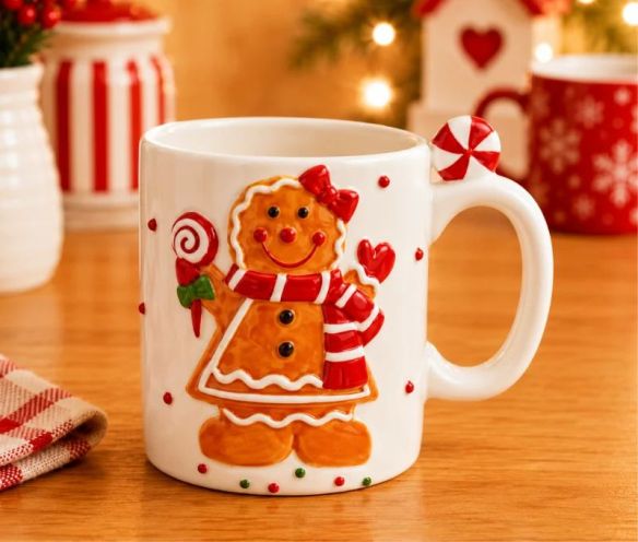 Mug céramique blanc bonhomme pain d'épices Cannelle nœud rouge sucre d'orge robe anse sucre d'orge 350ml