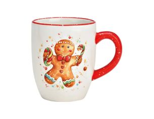 Tasse céramique blanche bonhomme pain d'épices aquarelle sucre d'orge nœud rouge anse rouge 300ml