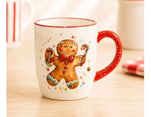 Tasse céramique blanche bonhomme pain d'épices aquarelle sucre d'orge nœud rouge anse rouge 300ml