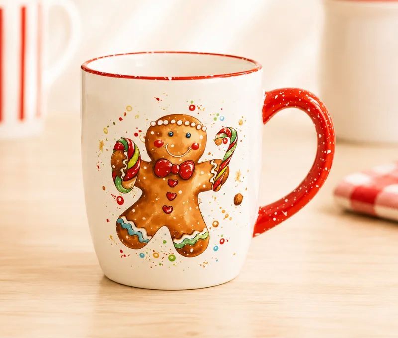 Tasse céramique blanche bonhomme pain d'épices aquarelle sucre d'orge nœud rouge anse rouge 300ml