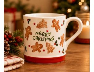 Tasse porcelaine blanche pain d'épices "Merry Christmas" bonhommes sapins houx bande rouge 350ml
