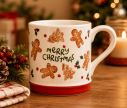 Voir la slide Tasse porcelaine blanche pain d'épices "Merry Christmas" bonhommes sapins houx bande rouge 350ml