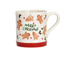 Tasse porcelaine blanche pain d'épices "Merry Christmas" bonhommes sapins houx bande rouge 350ml